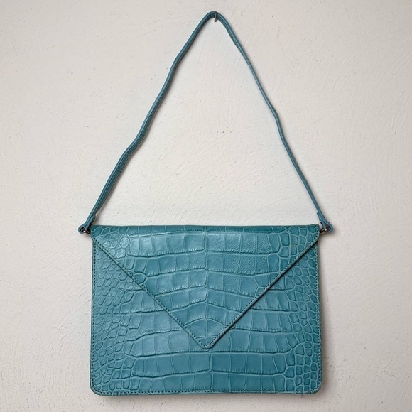 LAT for Bluefly Cerulean Croc Embossed Genuine Leather Convertible Clutch Purse - Picture 13 of 13